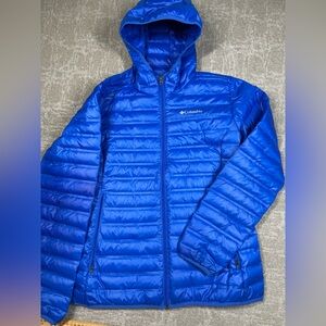 Columbia Corelite Down Full Zip Hooded Mountain Blue Jacket Men Size Large